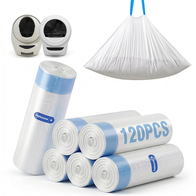 120 Count Cat Litter Bags Compatible with Automatic Litter Box Robot 3/4/5, Pre-Separated, Heay-Duty Self-cleaning Cat Litter Box Liners with Drawstring, 26''x15.8" Holds 22LBS, Waterproof - (6 ROLLS)