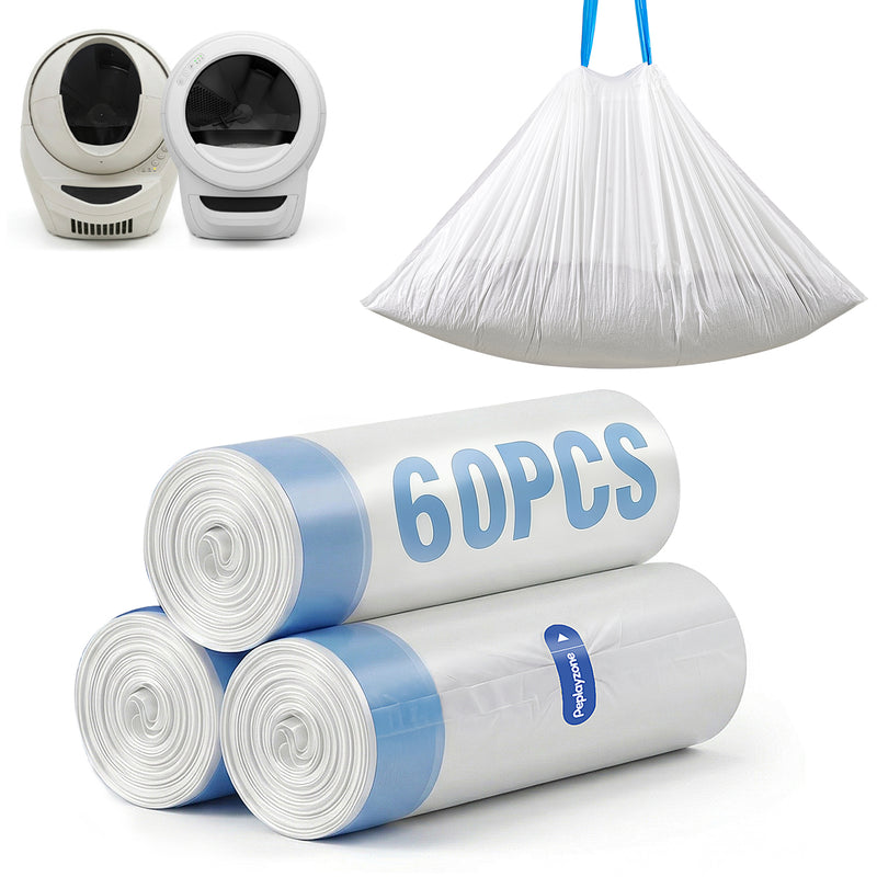 60 Count Cat Litter Bags Compatible with Automatic Litter Box Robot 3/4/5, Pre-Separated, Heay-Duty Self-cleaning Cat Litter Box Liners with Drawstring, 26''x15.8" Holds 22LBS, Waterproof - (3 ROLLS)