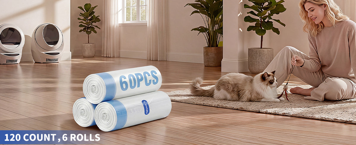 60 Count Cat Litter Bags Compatible with Automatic Litter Box Robot 3/4/5, Pre-Separated, Heay-Duty Self-cleaning Cat Litter Box Liners with Drawstring, 26''x15.8" Holds 22LBS, Waterproof - (3 ROLLS)
