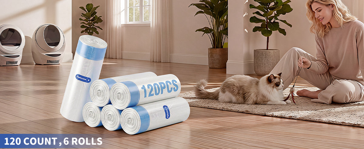 120 Count Cat Litter Bags Compatible with Automatic Litter Box Robot 3/4/5, Pre-Separated, Heay-Duty Self-cleaning Cat Litter Box Liners with Drawstring, 26''x15.8" Holds 22LBS, Waterproof - (6 ROLLS)